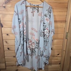 Floral Sheer Ruana Kimono Gray Pastel Boho Open Front Womens One Size XL XXL